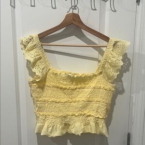 Topshop Yellow Smocked Eyelet Ruffle Crop Top Size 14